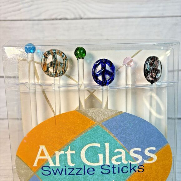 LSArts Peace Symbol Swizzle Sticks Set 6 Handcrafted Art Glass Hippie 70s Party - Picture 2 of 4
